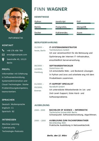 informatik lebenslauf word vorlage