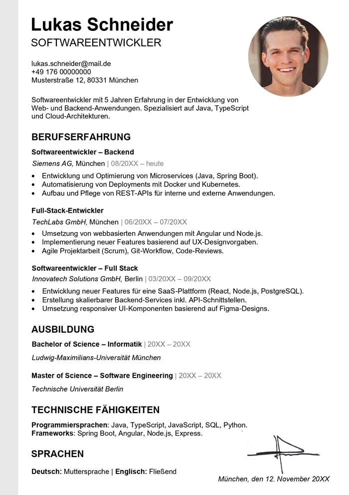 softwareentwickler lebenslauf word vorlage