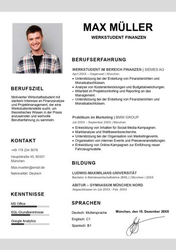 werkstudent im lebenslauf word vorlage
